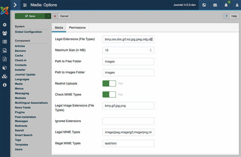 joomla 4 media global settings