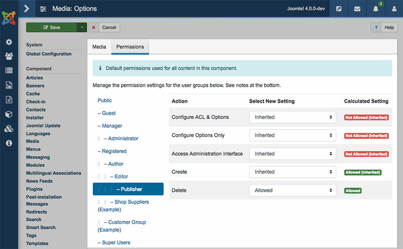 joomla 4 media permission settings