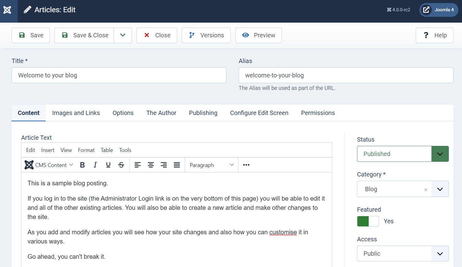 Joomla 4 article editing