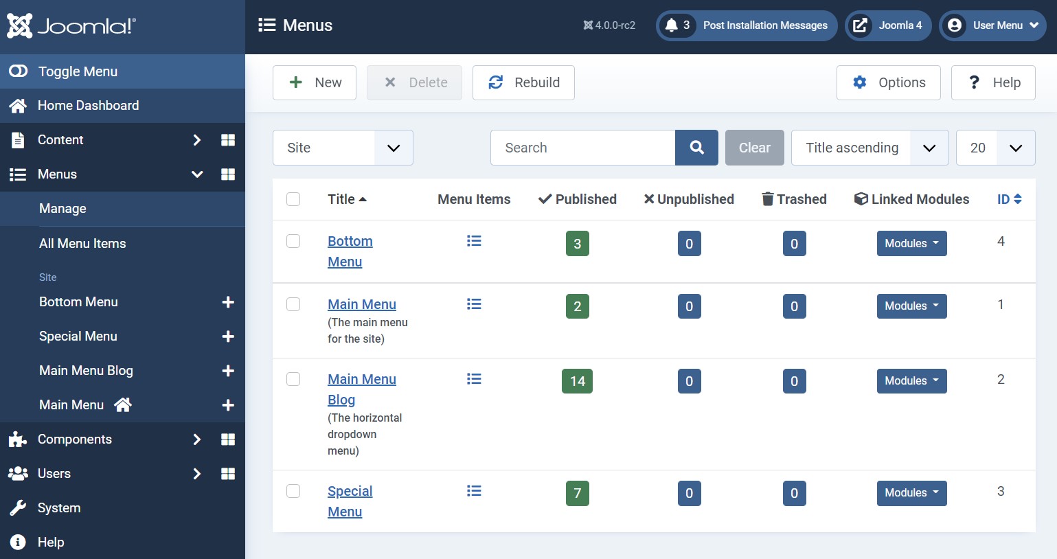 Joomla 4 Menu Manager