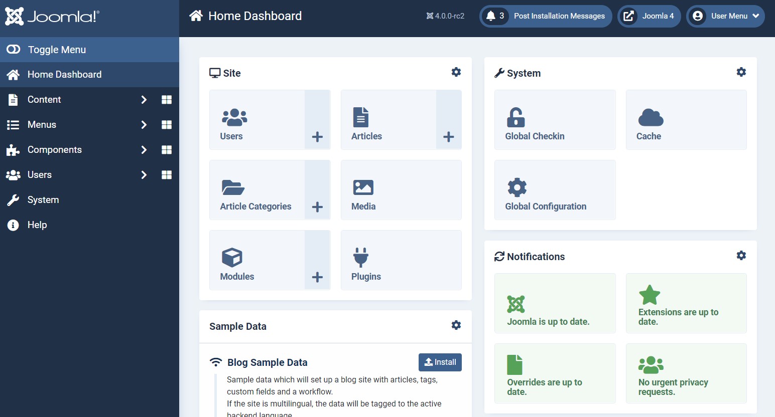 Joomla 4 admin dashboard