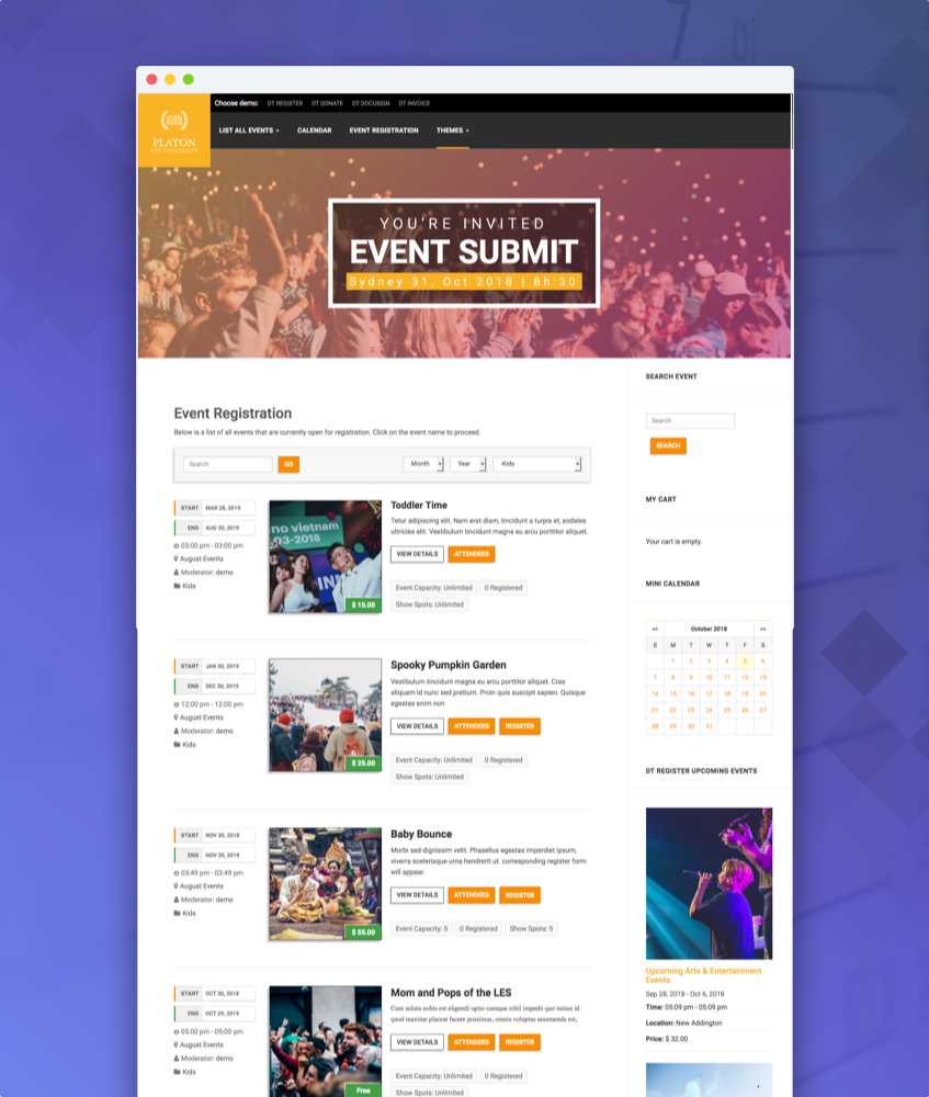 Linear theme for joomla event registration extension DT Register