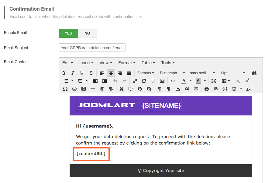 JA Joomla GDPR email template configuration