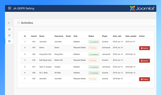 ja joomla gdpr admin panel