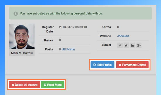joomla gdpr user info control