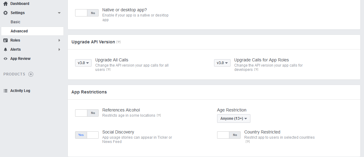 facebook app advanced settings