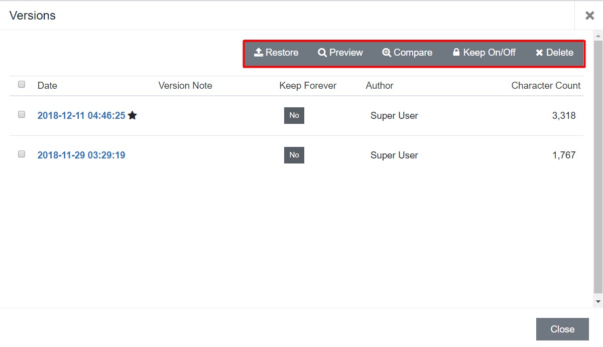 Joomla 4 content versioning view