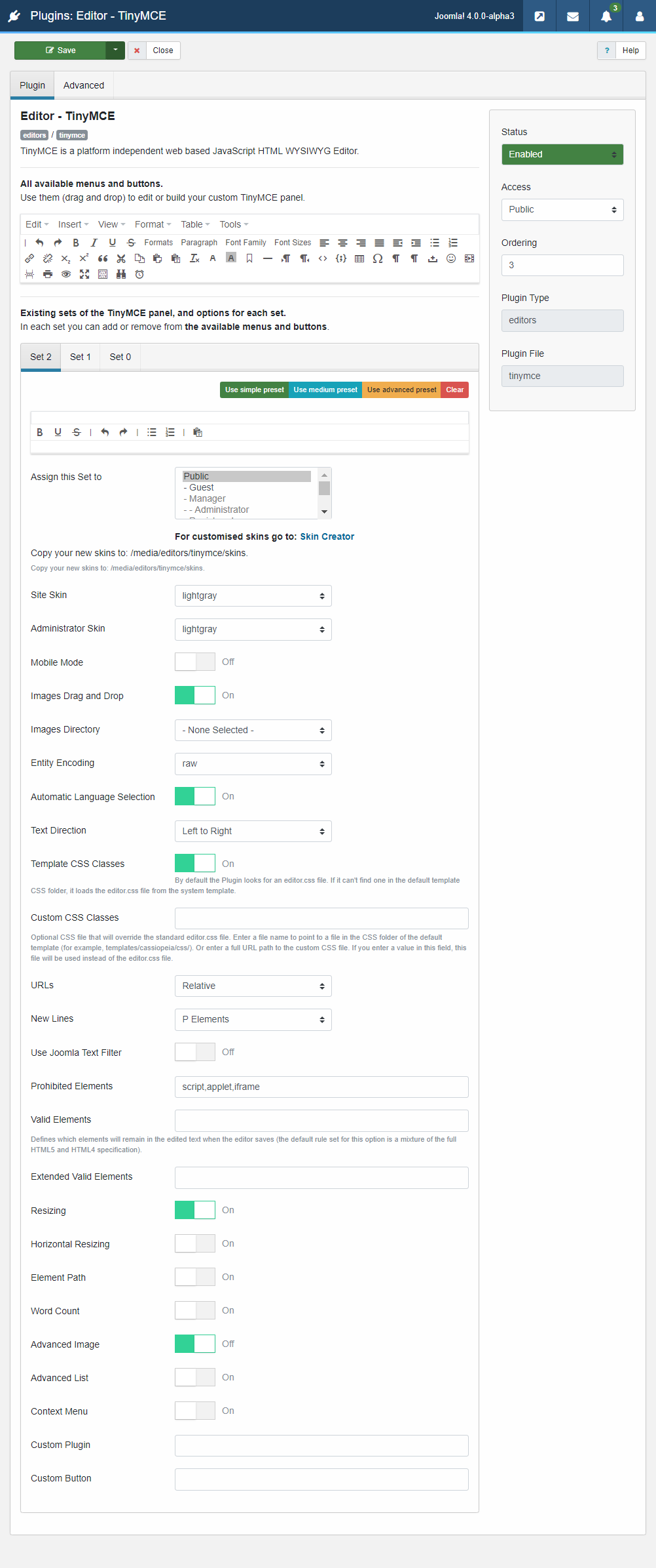 configure tiny MCE Joomla 4 editor