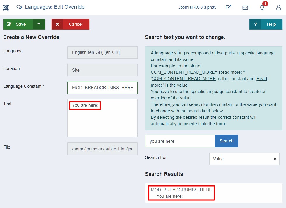 How to use Joomla Language override