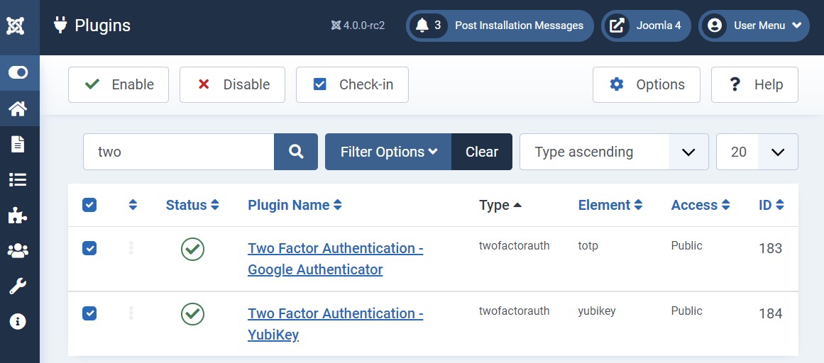 Enable Joomla 4 two factor authentication plugins