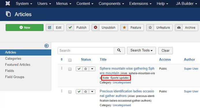 Joomla 3.9 new feature article notes