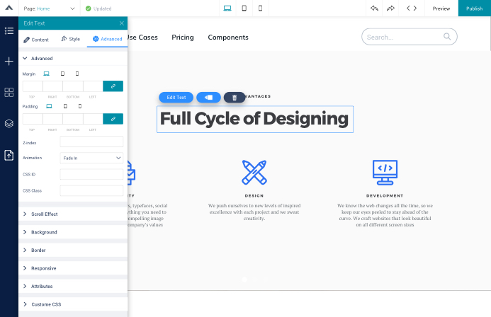 advanced settings in Joomla page builder