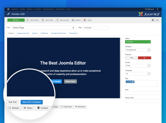create new t4 joomla page builder page