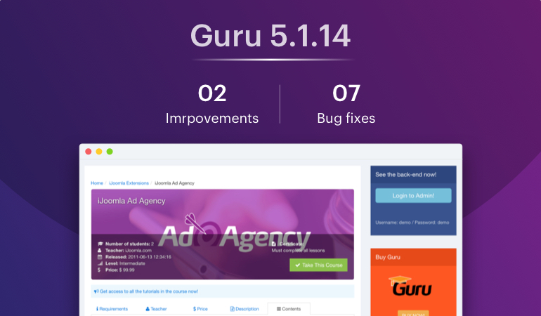 Joomla LMS extension - Guru update