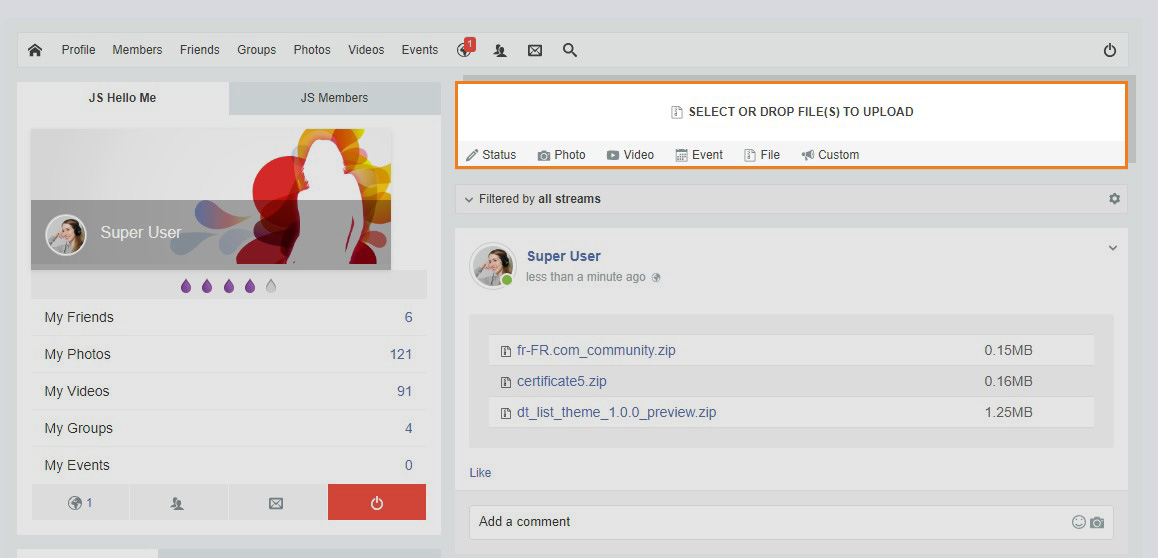 file uploads feature in jomsocial