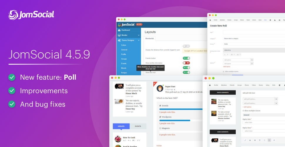 Jomsocial 4.5.9 released for new feature: Poll , improvements and bug fixes