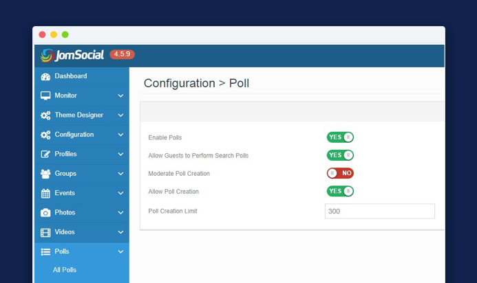 Jomsocial 4.5.9 Poll settings