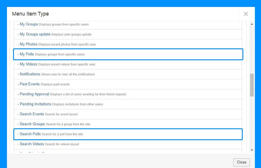 poll menu in jomsocial