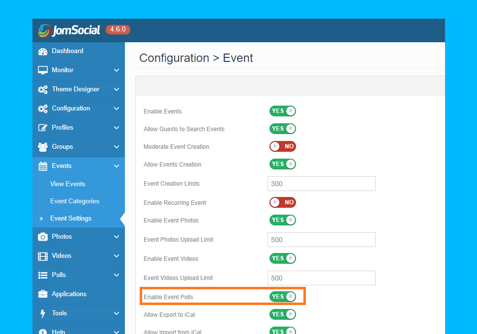 JomSocial 4.6.0 event settings for poll