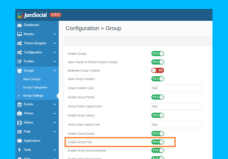 JomSocial 4.6.0 enable Poll for Group