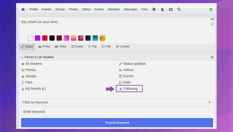 JomSocial 4.7.0 frontepage following filter