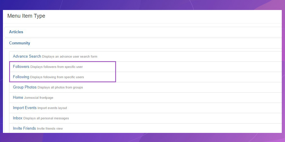 JomSocial 4.7.0 follwing menu types