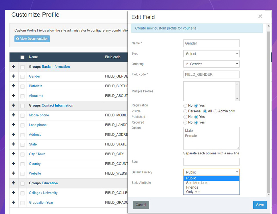 JomSocial 4.7.0 privacy setting for registration fields