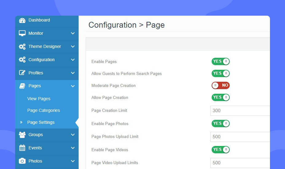 JomSocial pages global settings