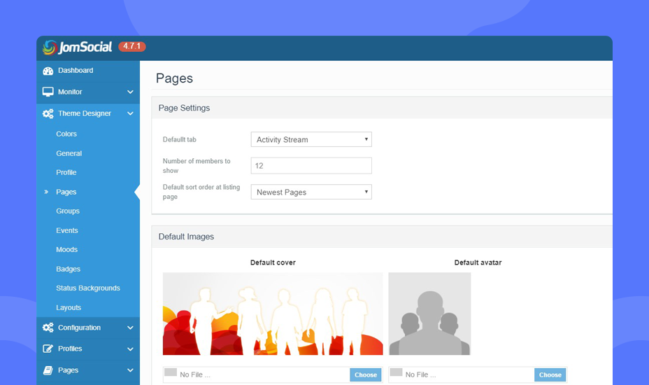 JomSocial 4.7.1 page theme designer settings