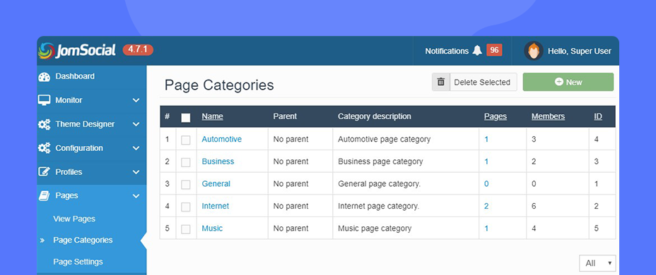 JomSocial Page new feature category