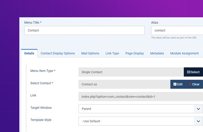 Contact us menu settings in Joomla 4