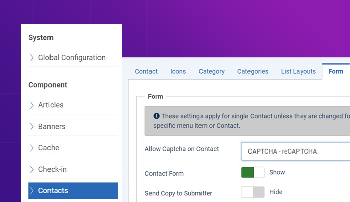 Contact us page captcha settings in Joomla 4