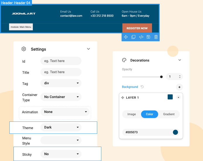 joomla page builder header block settings