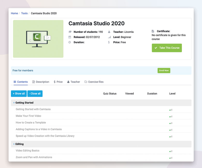 Joomla lms course detail view