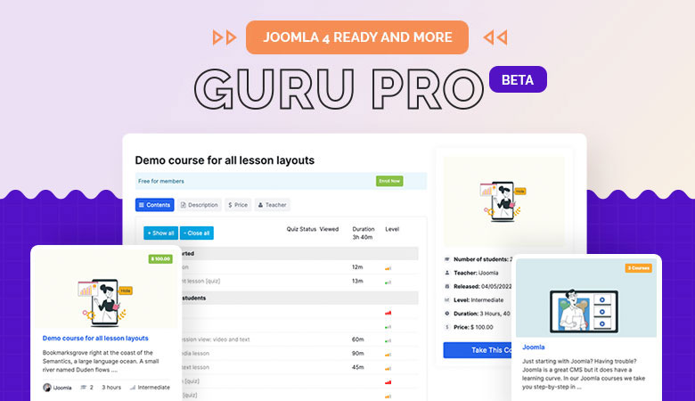Guru Pro Joomla LMS extension Beta release: Joomla 4 support and many more