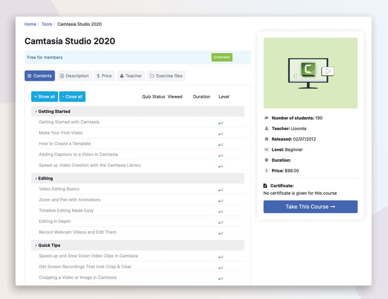 Joomla lms course detail view