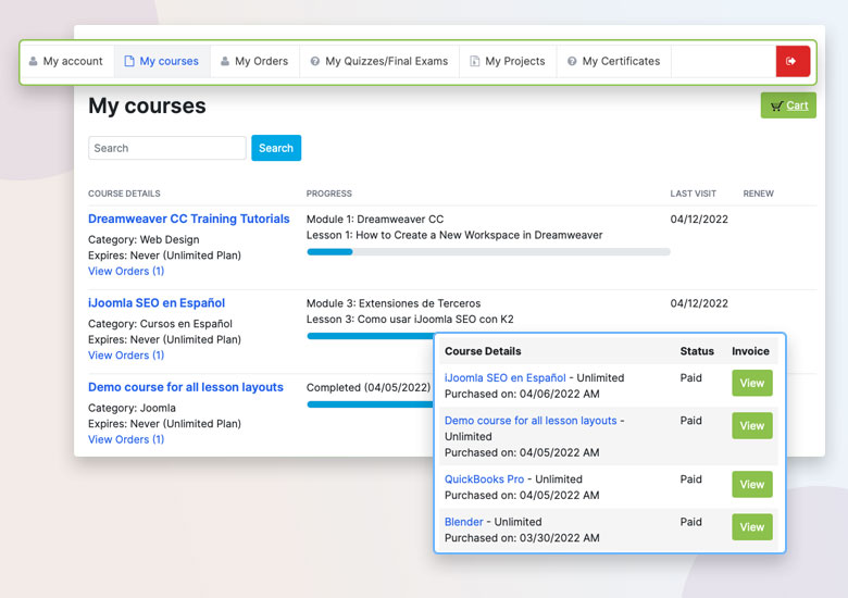 Joomla lms course list view