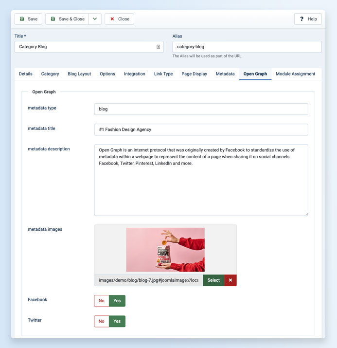 Joomla open graph for social sharing settings