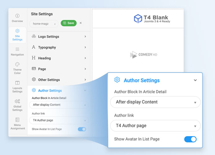 T4 Joomla template framework author page settings