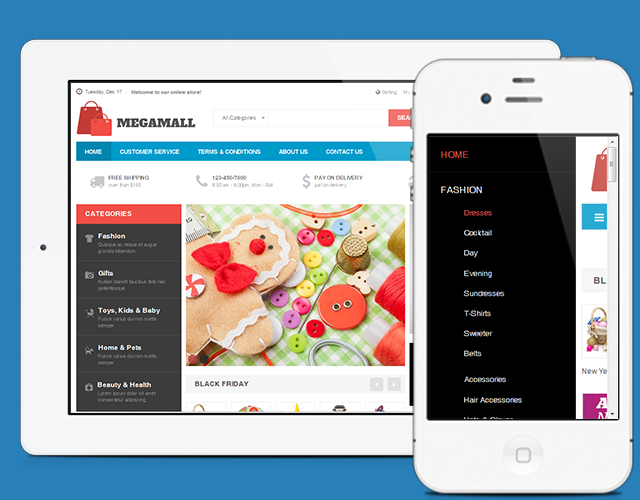 Homepages for mobile devices in responsive Magento theme JM Mega Mall Homepages for mobile devices in responsive Magento theme JM Mega Mall