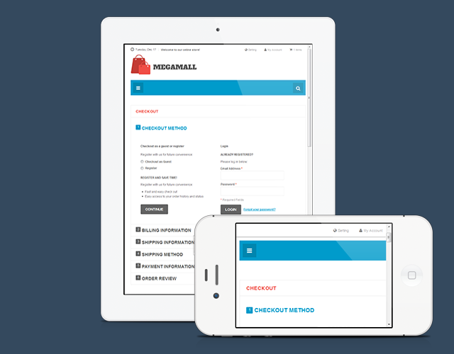 Checkout page of responsive Magento theme JM Mega Mall on mobile devices
