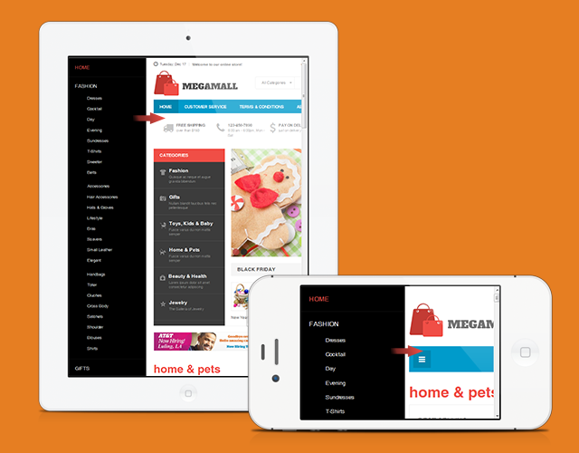 Off-canvas menu in responsive Magento theme JM Mega Mall