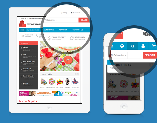 Search box in responsive Magento theme JM Mega Mall