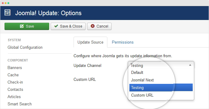 Joomla update option