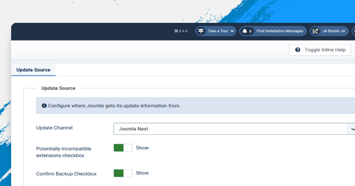 Joomla-interface-with-Options-selected-and-Update-Channel-set-to-Joomla-Next