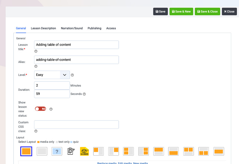 Joomla LMS Extension add new course lessons