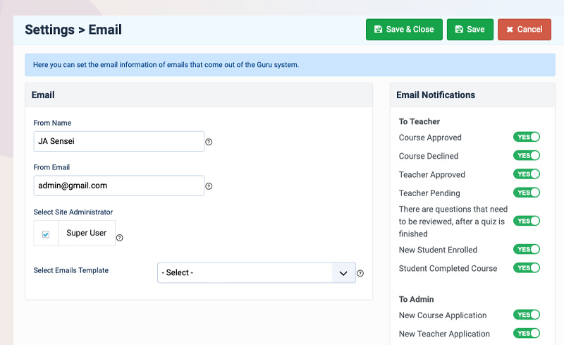 Joomla LMS Extension email settings