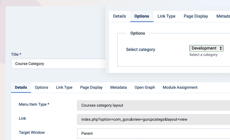 Joomla LMS Extension course categories menu settings