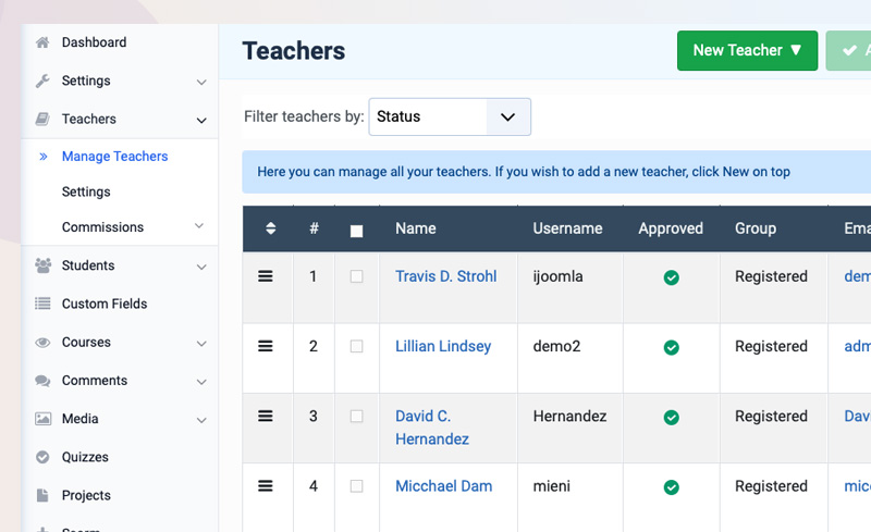 joomla lms extension teacher management