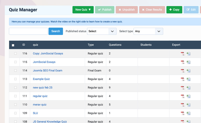 Joomla LMS quiz manager